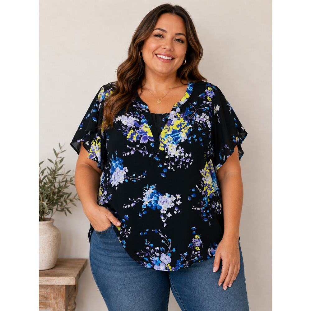 Torrid Floral on Black Pullover Georgette Hi-Low V-Neck Tunic, Women's 3X